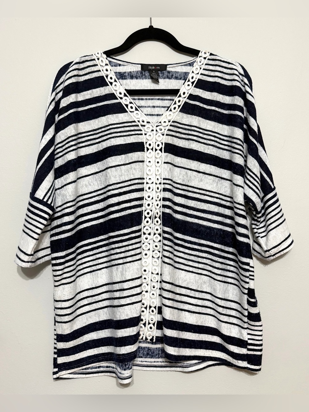 Style & Co. Navy & White Striped Crochet Trim V-Neck Top Sz Small